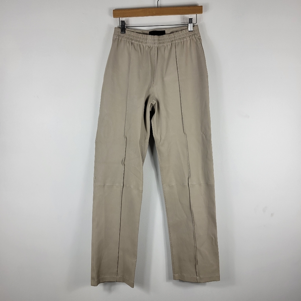 New SPRWMN Leather Straight Leg Pintuck Center Seam Pull On Pants